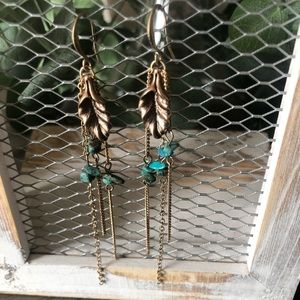 🍃 Boho Brass and Turquoise Leaf Earrings🍃